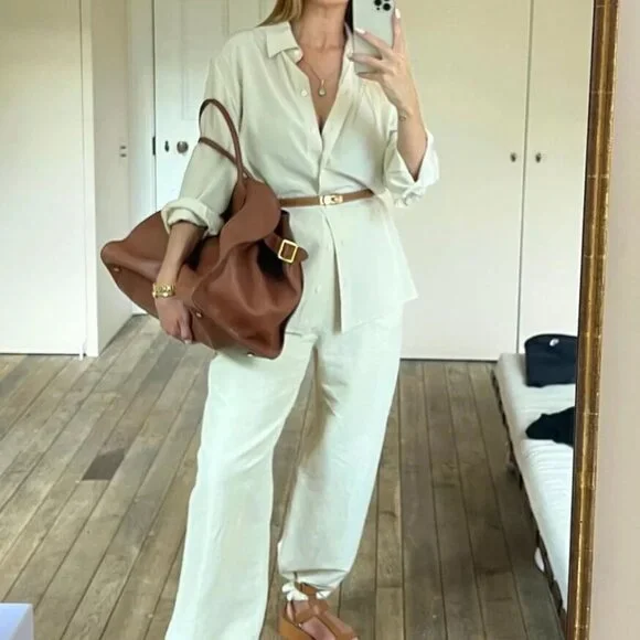 TOTEME Stretch Linen Wide-Leg Slacks Trousers in Cava Beige Size EU 34 US 2